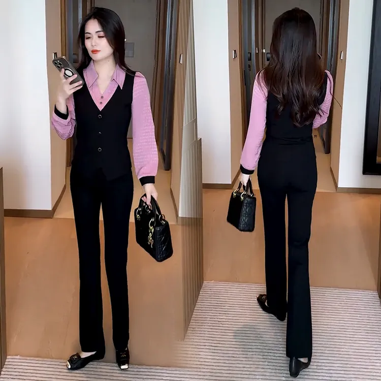 时尚套装女2025秋季新款洋气显瘦长袖假两件衬衫微喇裤气质两件套