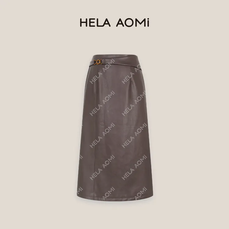 HELA AOMI“腰封皮裙”高腰半身裙气质修身显瘦直筒开叉皮裙
