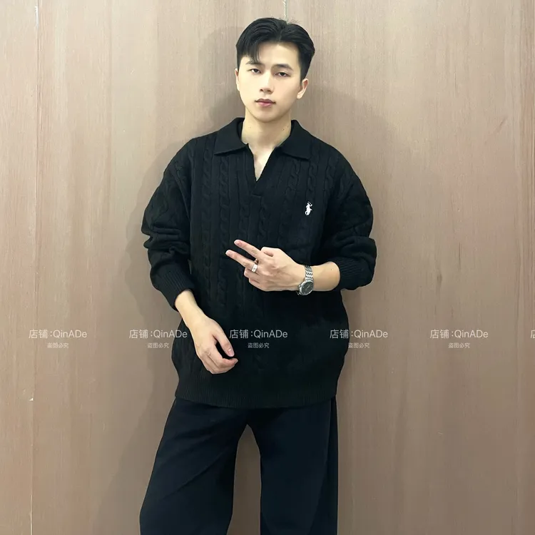QinADe老钱风经典绞花海鸥领毛衣男士百搭长袖秋冬休闲针织上衣