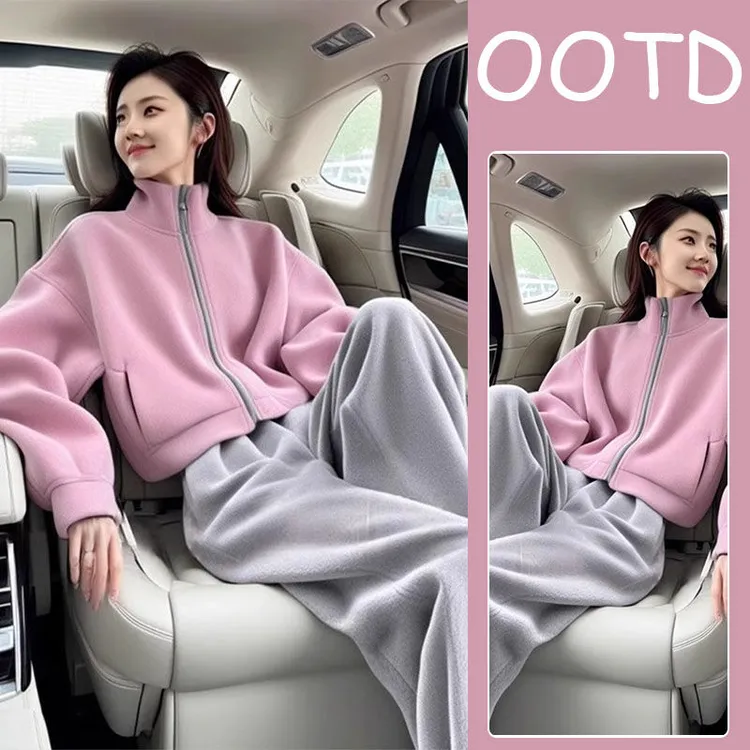 小个子显高穿搭又a又飒2025早秋粉色外套阔腿裤休闲韩里韩气套装