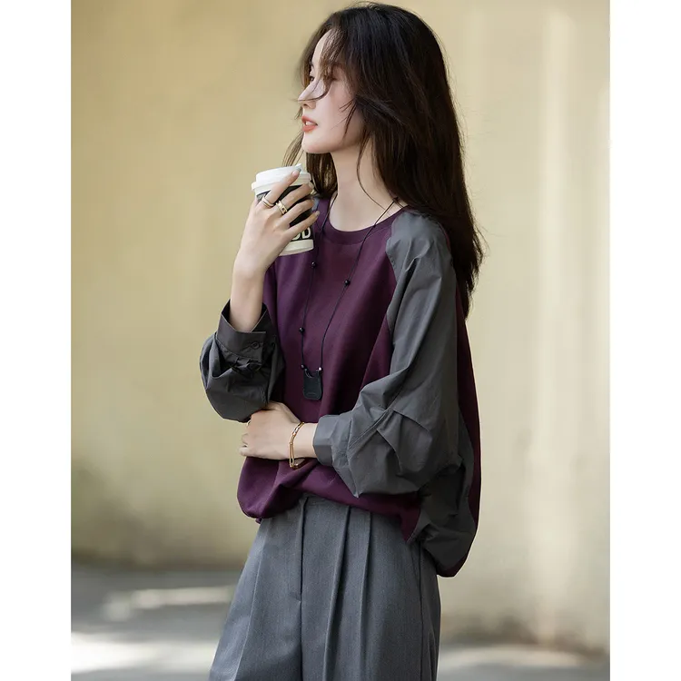 秋季圆领宽松微弹褶裥抽绳藏肉卫衣女舒软空气层百搭复古韩版上衣