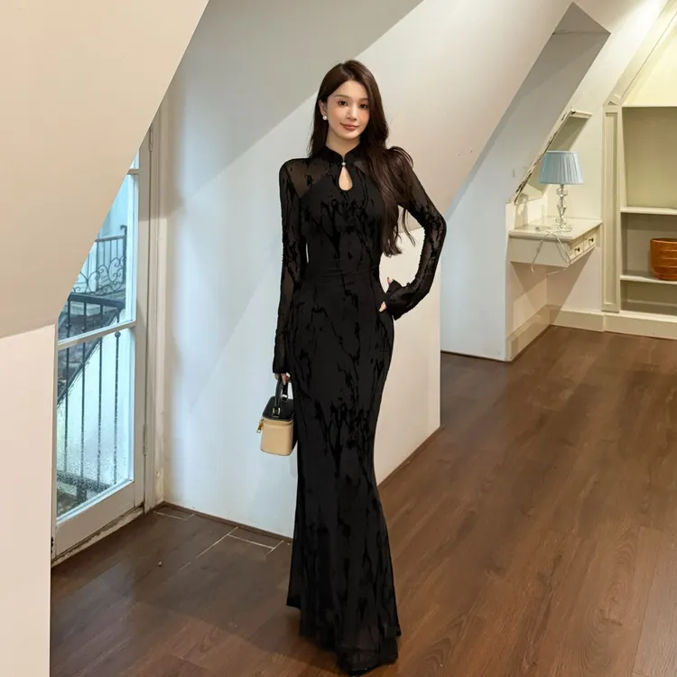 运补6-8 新中式气质改良旗袍长袖连衣裙初秋黑色显瘦包臀鱼尾长裙