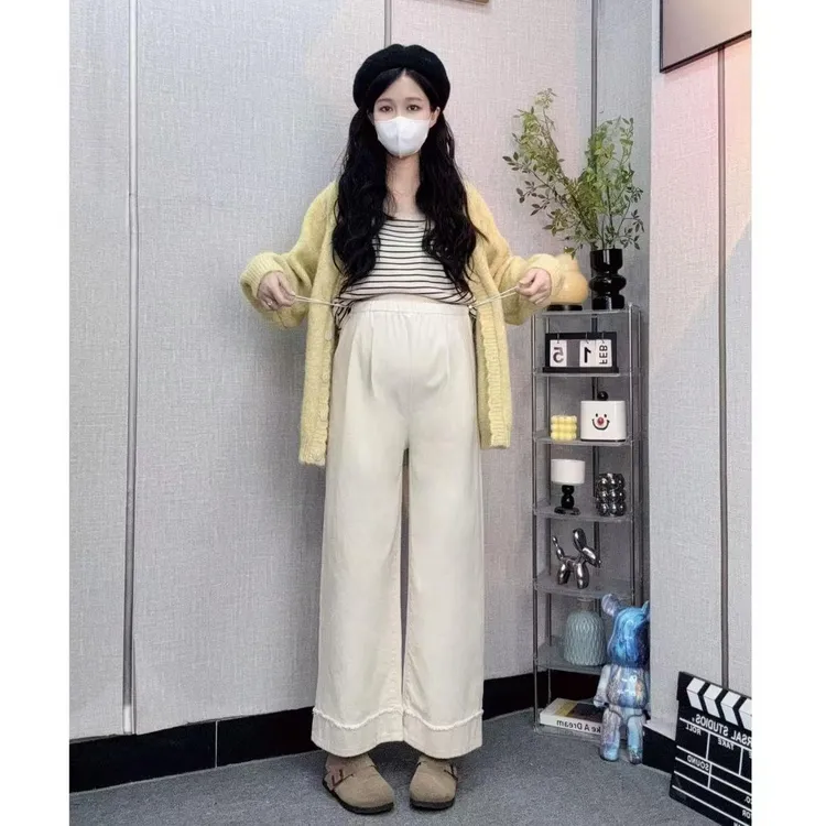 孕妇裤子早秋外穿牛仔裤小个子显瘦宽松时尚毛边设计感垂感阔腿裤