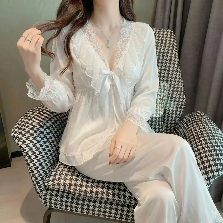 高级感水光绸春秋款睡衣女白色蕾丝花边家居服长袖套装2025新款