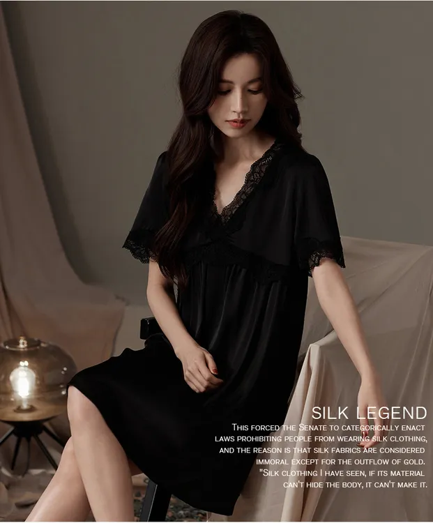 性感夏季短袖女V领见外包装睡裙长款家居服少女风冰丝