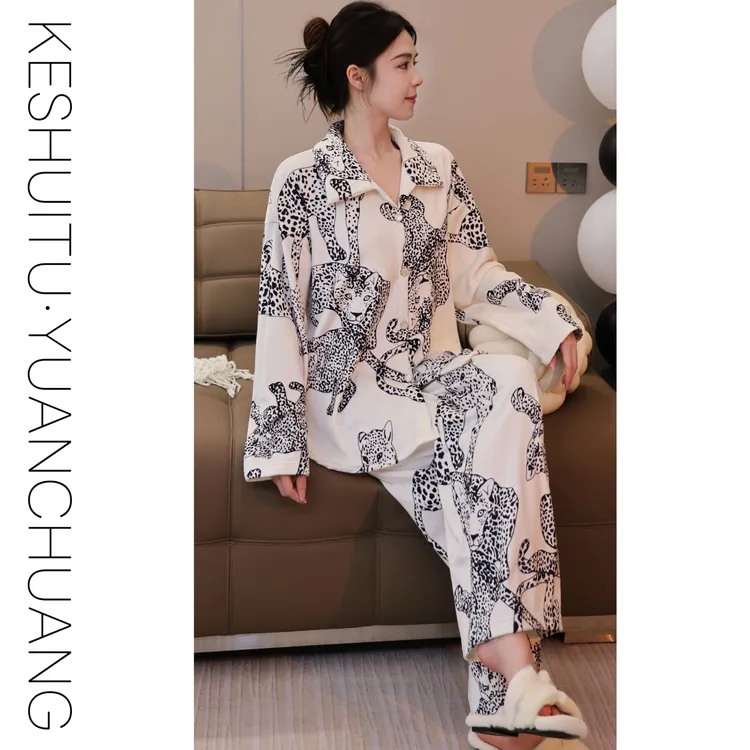 【贵人雪豹·绒】海岛绒北欧轻奢老钱风雪豹睡衣女长袖长裤家居服