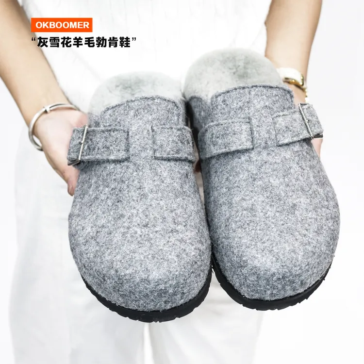 OKBOOMER灰雪花羊毛勃肯鞋秋冬外穿保暖厚底增高一脚蹬包头半拖鞋