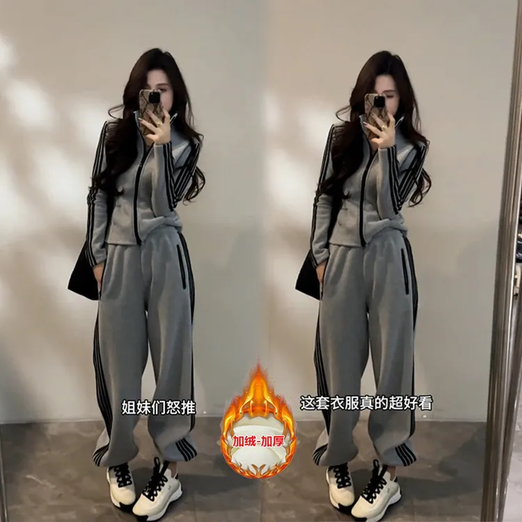 巨好看的冬装一整套减龄韩系慵懒风休闲运动立领外套阔腿裤两件套