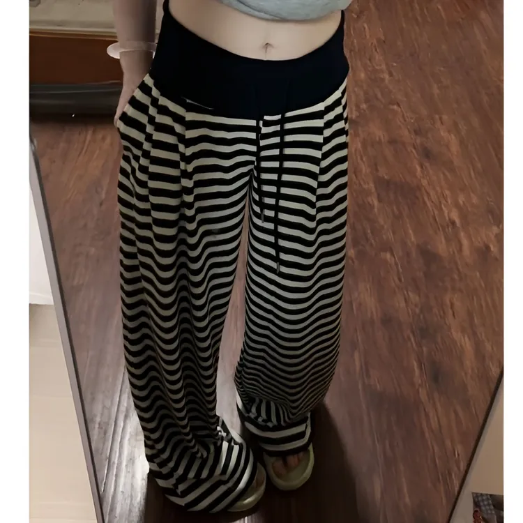 简约百搭垂顺针织条纹睡裤女春秋季新款大码长裤可外穿居家遛弯裤