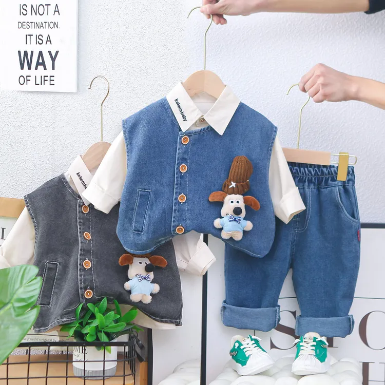 【沫沫家】男女童套装宝宝春秋季韩版儿童可爱牛仔小狗马甲三件套