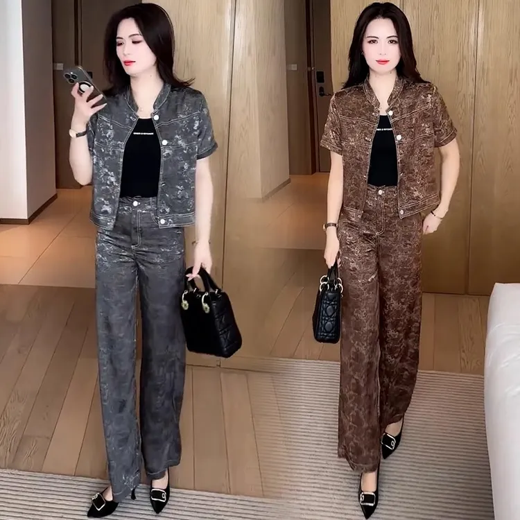 时尚休闲套装女2025夏季新款洋气显瘦减龄短袖开衫阔腿裤两件套潮