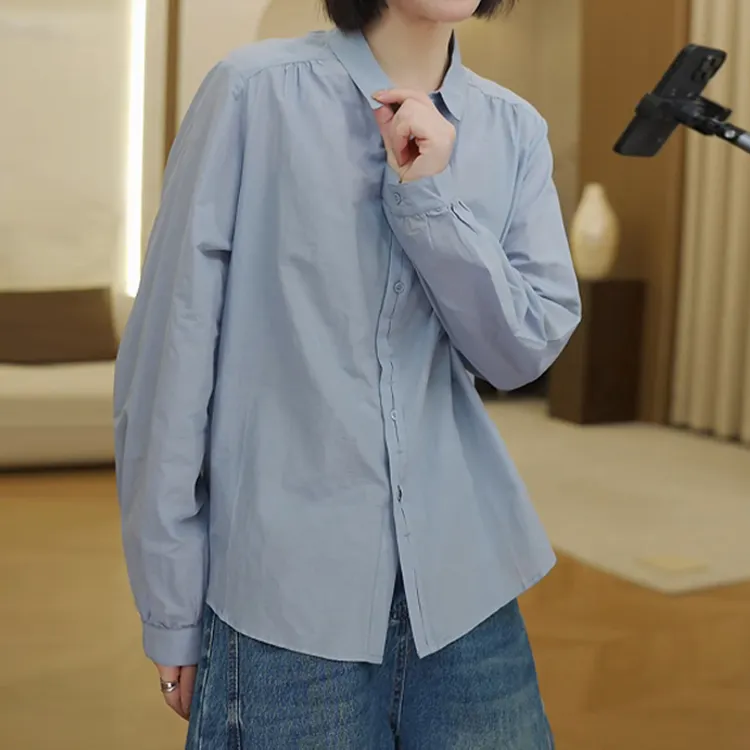 韩系简约风纯色polo领衬衫女早起轻薄防晒慵懒显瘦纯色单排扣上衣