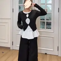 99817#大码秋季新款镂空假两件打底衫搭配花边屁帘阔腿裤
