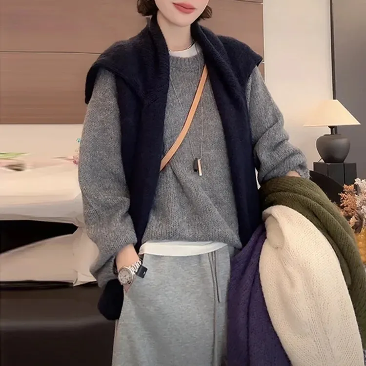 欧货高级感软糯圆领毛衣女2025秋季新款休闲百搭慵懒风针织衫上衣