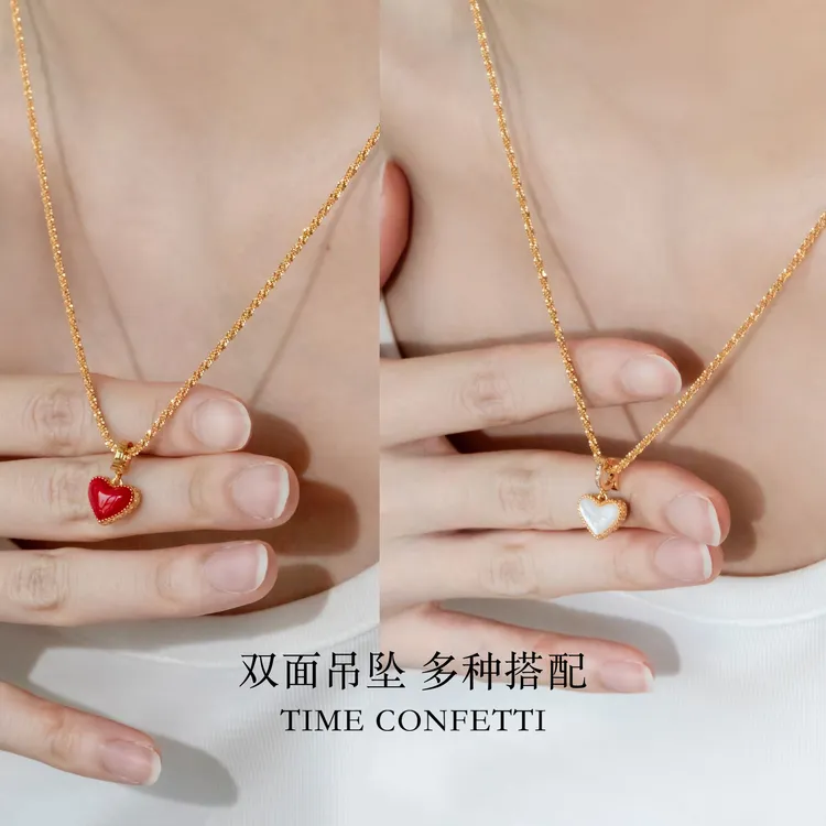 黄铜吊坠 镀K金【孙二娘】新版-安哥拉红爱心吊坠双面锁骨链TC 9948