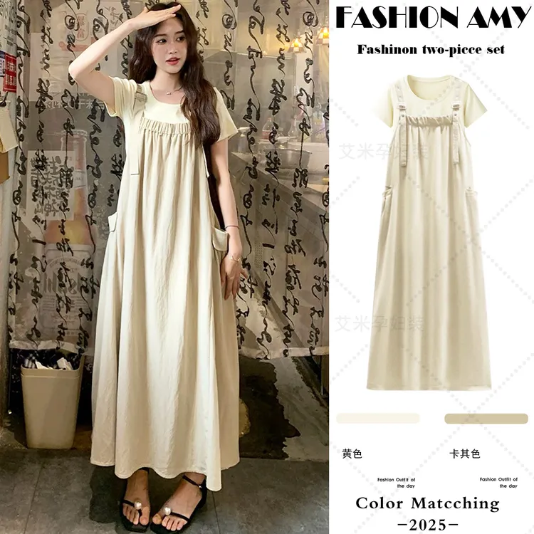 孕妇装夏装套装新款时尚韩版休闲百搭短袖T恤宽松显瘦背带连衣裙1