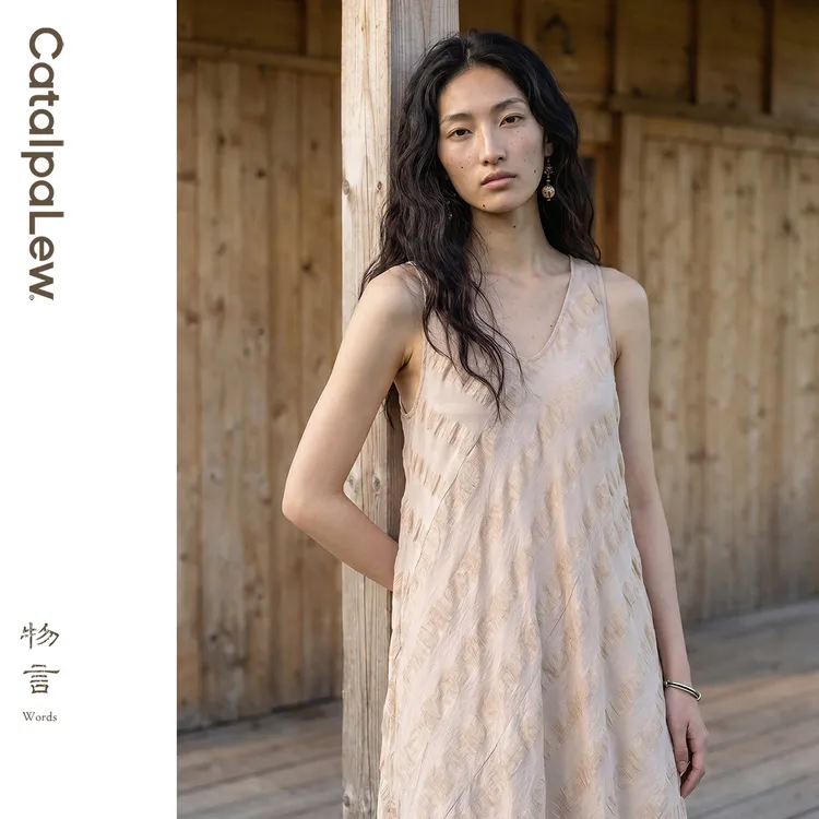 CatalpaLew「汀兰颂」墟生美学盐缩亚麻拼接轻原野连衣裙#C54930