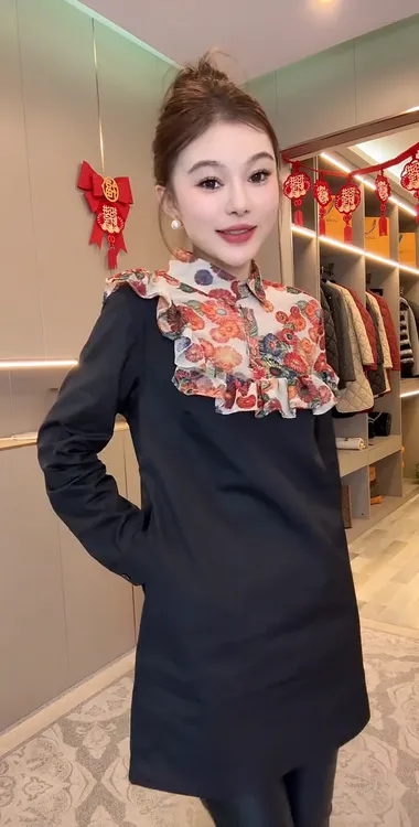 欧货气质撞色衬衫裙女春季洋气荷叶边设计感减龄显瘦中长款