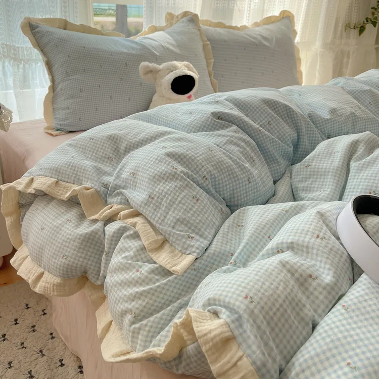 软乎乎皱皱纱花边四件套小清新蓝格小花被套床单人学生宿舍三件套