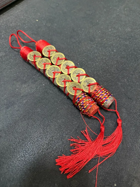 沂蒙山保真东南老桃木枝车载装饰挂件中国结五色线五帝铜钱摆件