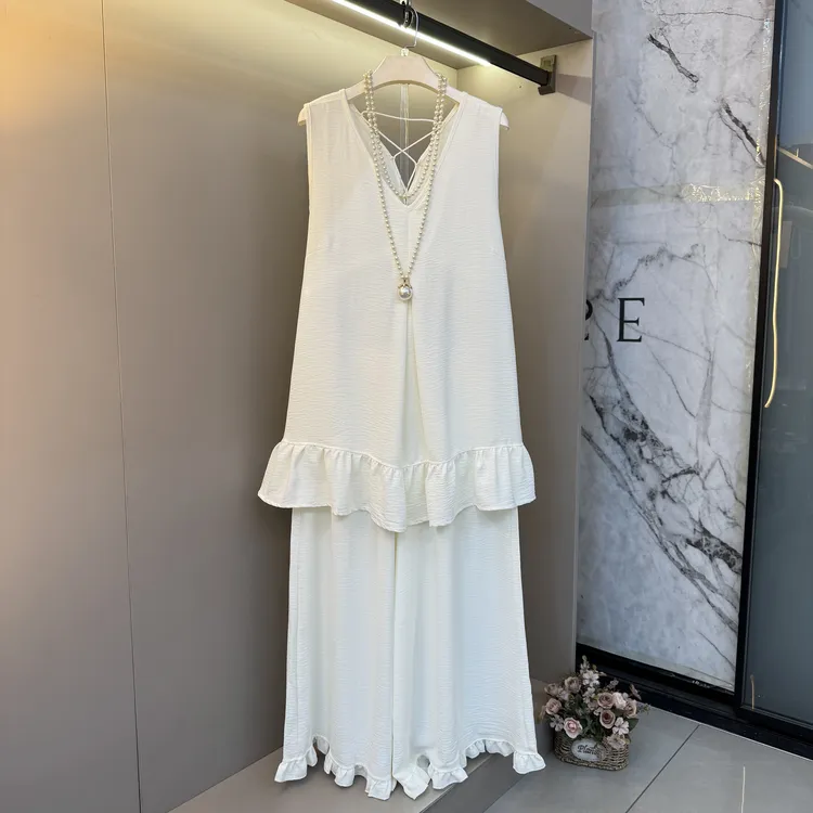 大码女装设计感2025夏季荷叶边系带上衣+直筒阔腿裤两件套8817