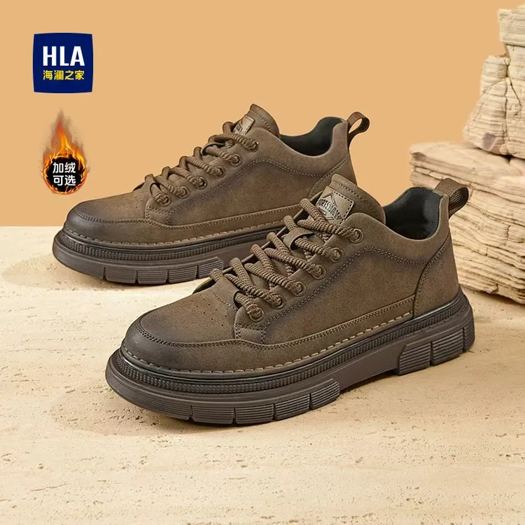 HLA/海澜之家男鞋秋冬加绒板鞋厚底增高保暖防滑工装鞋男休闲皮鞋