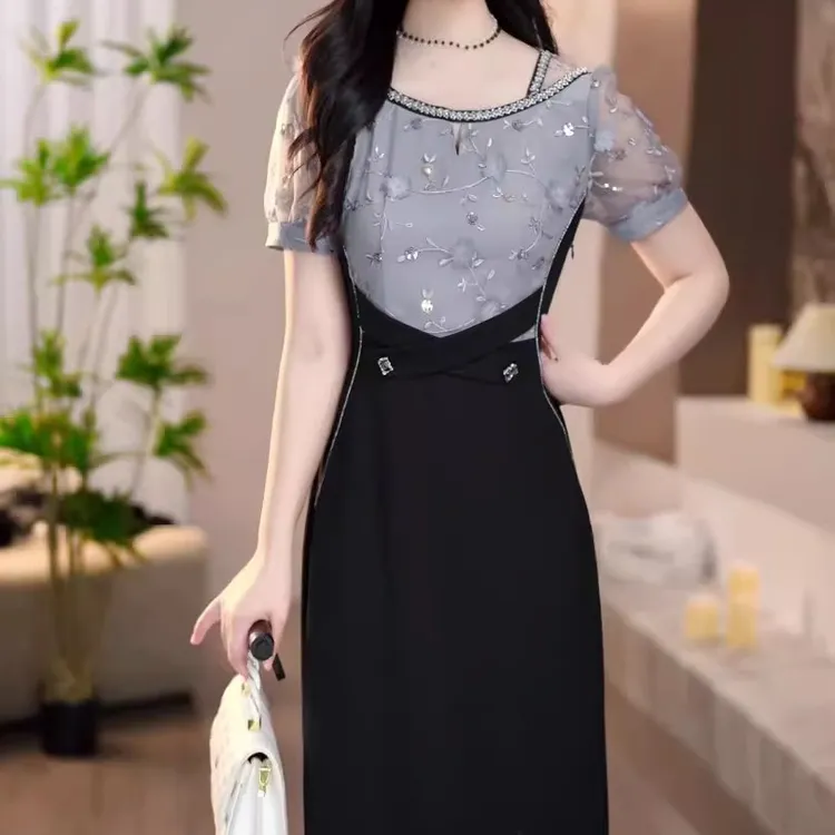 5184#2025夏新款浅灰藤蔓花精致浪漫假两件中长款遮肉连衣裙女
