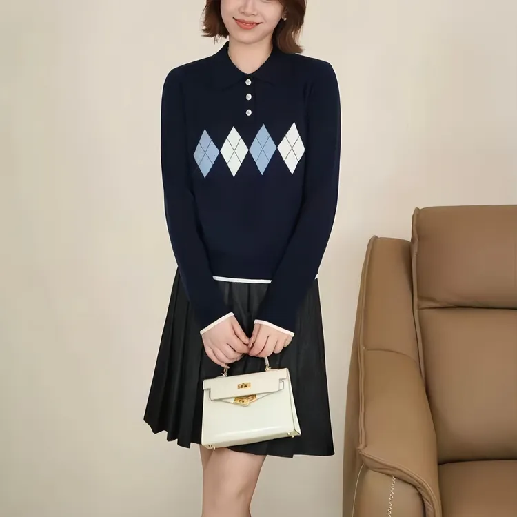 2025秋季韩版休闲学院风菱格纹复古高级感通勤穿搭针织衫毛衣A27