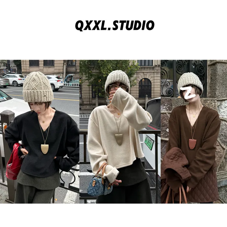 邱小小丽呀 秋冬新款V领加绒加厚卫衣T恤女复古百搭气质打底上衣