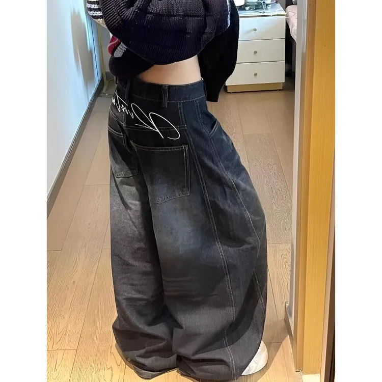 美式复古设计感廓形弯刀牛仔裤女春秋拖地宽松阔腿裤香蕉镰刀裤子