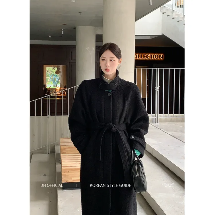 DH大花【东区大衣 coat】秋冬高级气质羊毛单排扣收腰系带毛呢外套