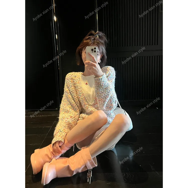 AYOBE原创设计师款/桃野眠眠  减龄羊毛韩系假两件彩色波点毛衣