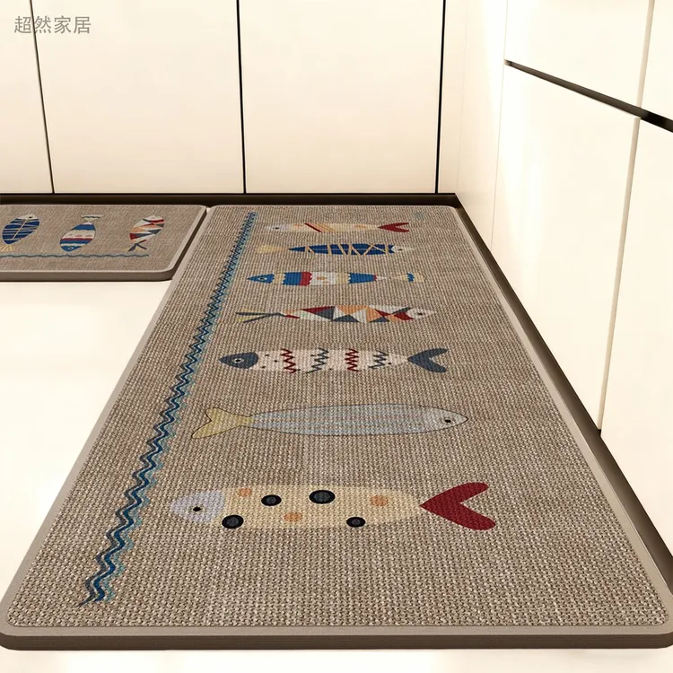 卡通厨房专用吸水吸油地垫亚麻硅藻泥防滑耐脏耐磨易打理长条脚垫