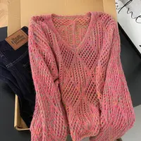 法式甜美宽松慵懒风缕空V领毛衣女秋季新款高级设计感减龄上衣潮