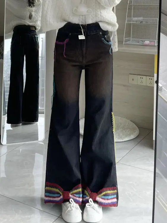 微胖mm美式复古钩毛蝴蝶结牛仔裤女2025春季新款宽松直筒阔腿裤子