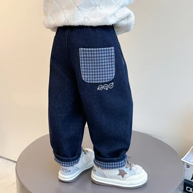 儿童加绒裤子秋冬季新款男女童加厚保暖牛仔裤洋气宝宝冬装休闲裤