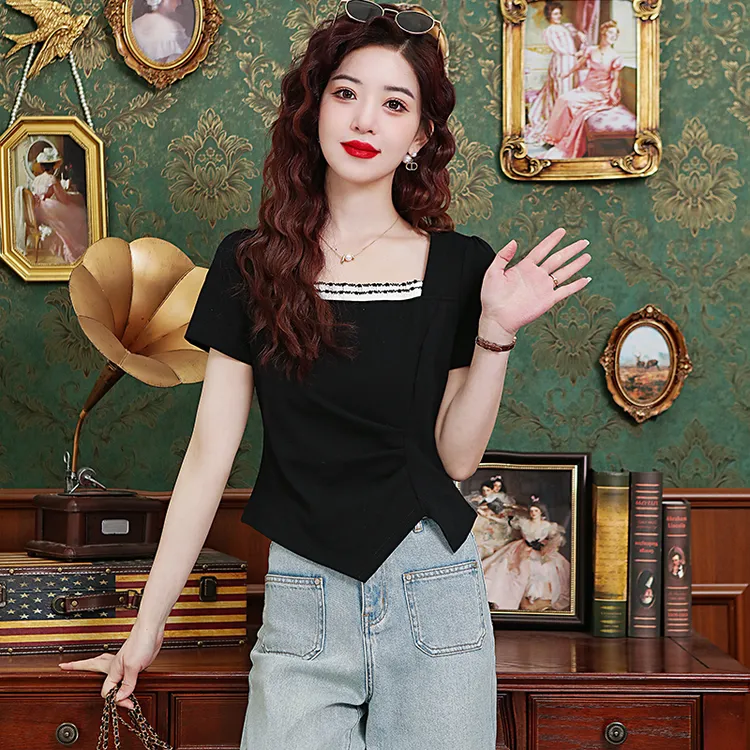 法式方领不规则短袖t恤女夏季2025新款设计感修身独特别致短上衣