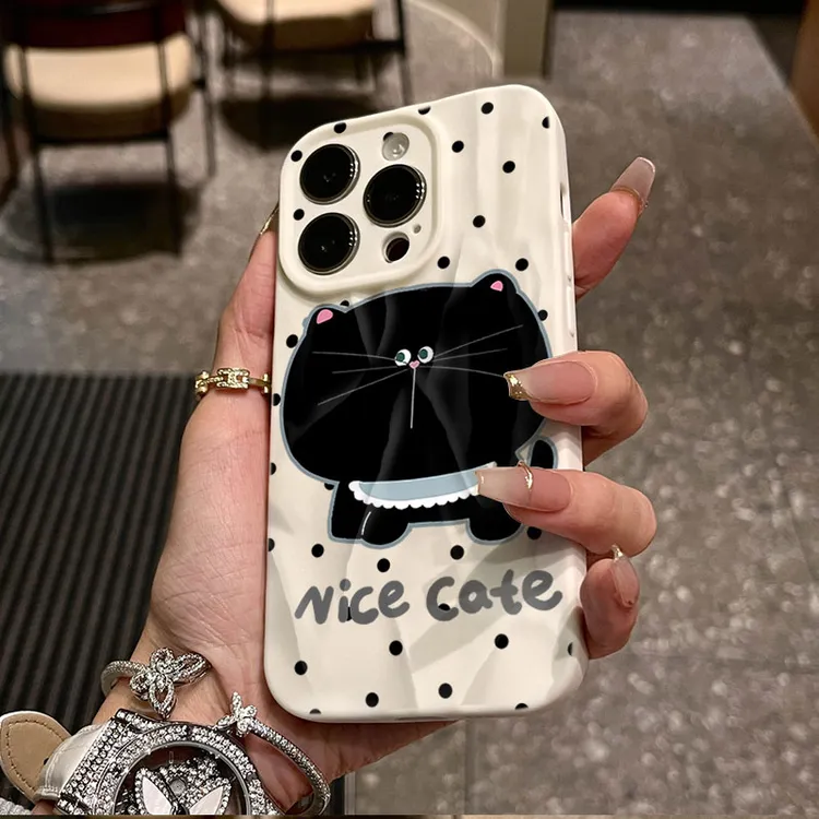 大脸黑猫适用iphone16苹果15pro手机壳14plus褶皱13磨砂12软11