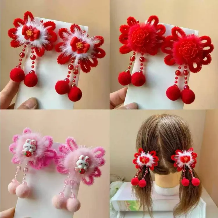 新年儿童头饰中国风女童汉服发夹水貂毛古风流苏对夹过年马年发卡