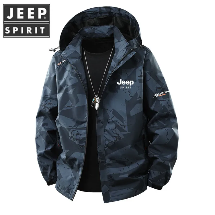 JEEPSPIRIT/吉普迷彩连帽运动薄款男士夹克大码春季男装休闲防风