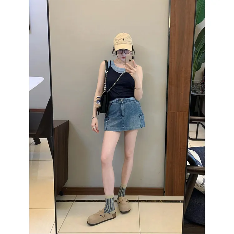 女装洋气时髦气质假两件撞色吊带上衣2025夏季高腰复古牛仔半身裙