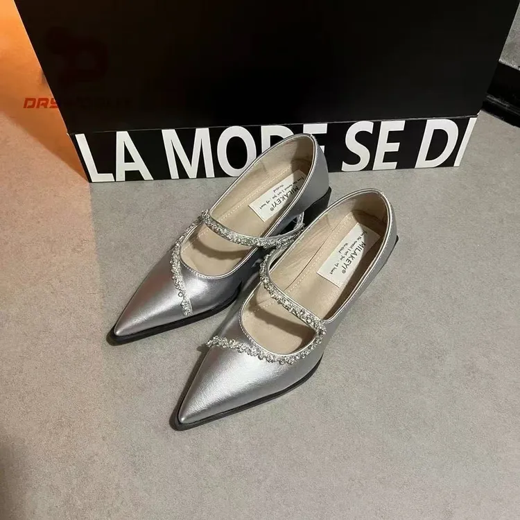 高跟鞋女粗跟尖头银色单鞋2025新款春秋夏配裙子方跟玛丽珍小皮鞋