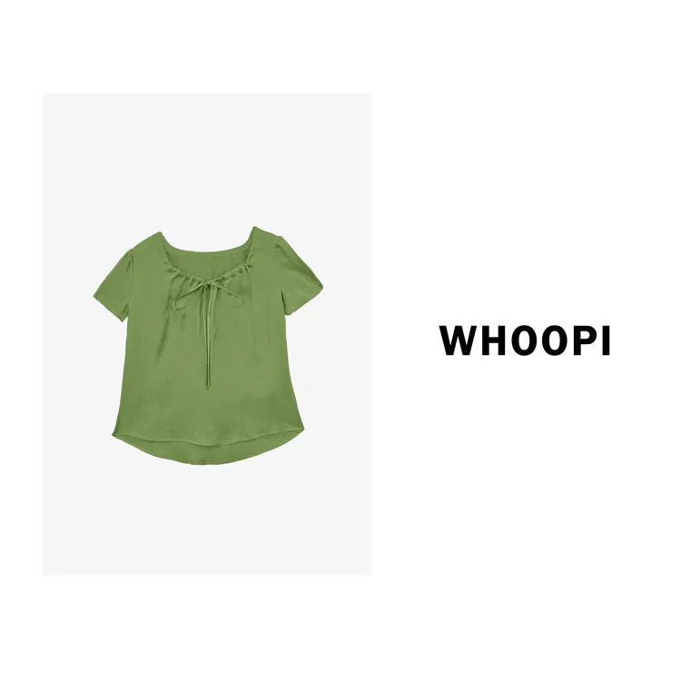 【Whoopi】【遂夏】老钱风减龄抽褶显白绿绑带上衣气质显瘦短袖