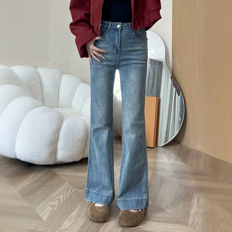 高腰显瘦小个子拖地喇叭裤微喇女休闲蓝托腹时尚修身牛仔裤裤子
