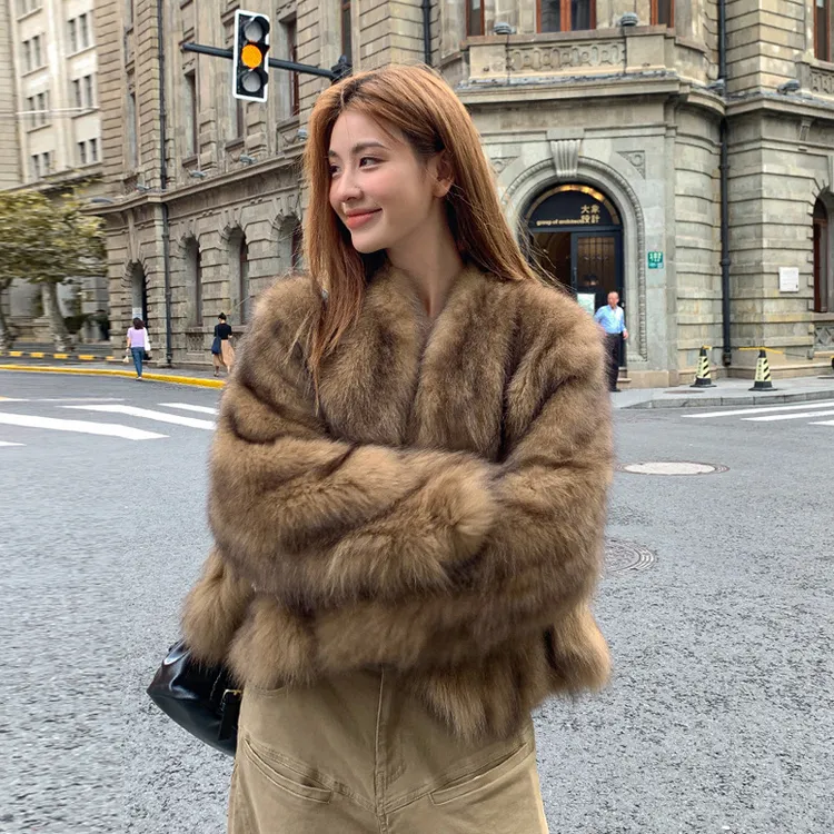 韩允恩皮“星空琥珀”新款晕染霜色进口狐狸毛皮毛毛外套女