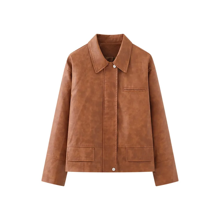 翻领按扣拉链皮衣外套女复古潮流甜酷宽松短款皮夹克上衣