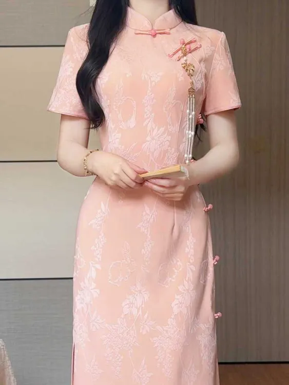 2025年夏季新款粉色提花改良旗袍气质优雅少女新中式日常百搭裙子