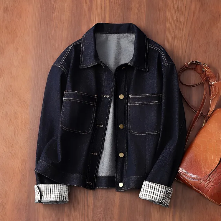 韩版复古格子拼接牛仔外套女初秋2025新款宽松港风小个子夹克上衣