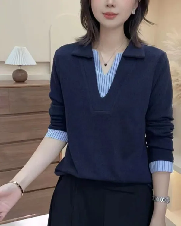2025新款假两件拼接V领条纹拼接长袖女显瘦遮肉上衣