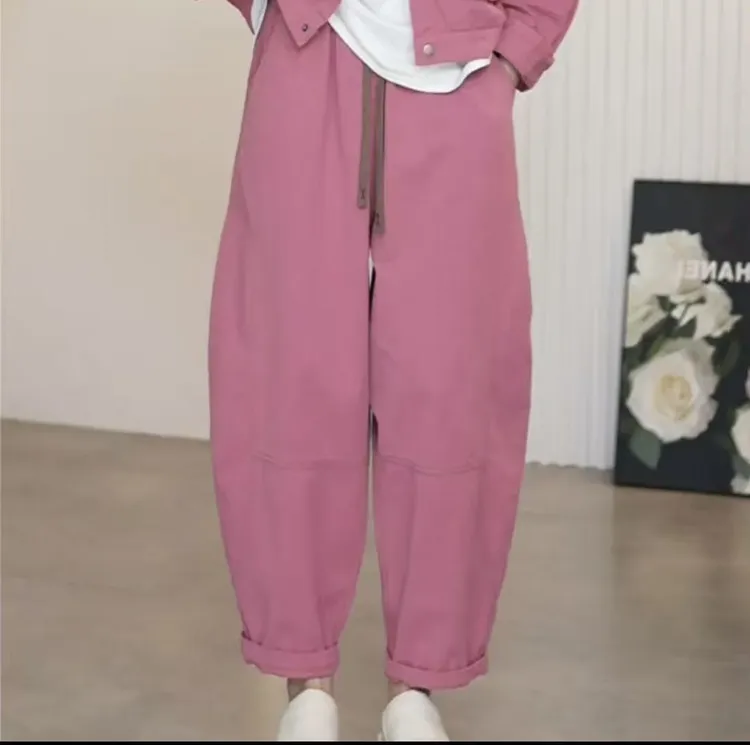 新款松紧腰抽绳高腰工装口袋哈伦弯刀裤拼接棉九分裤休闲百搭   